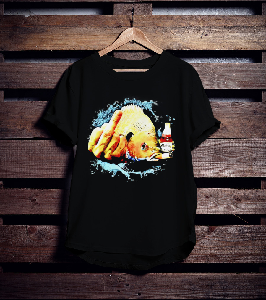 Modelo Beer Fish Smoking Cigarette Middle Finger T-Shirt