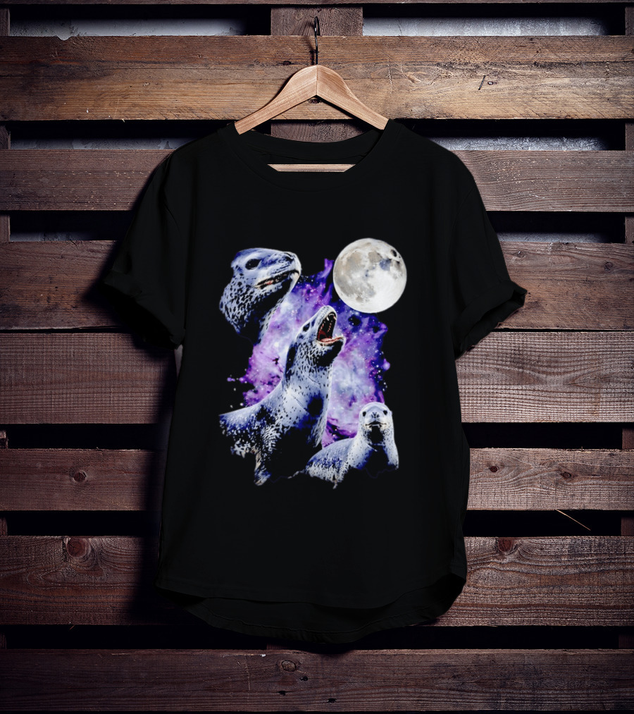 Three Leopard Seals Under Moonlight With Starry Purple Night Sky T-Shirt