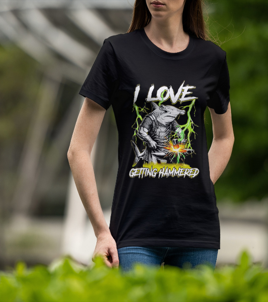 I Love Getting Hammered Hammerhead Shark Lightning Blacksmith Hammering T-Shirt