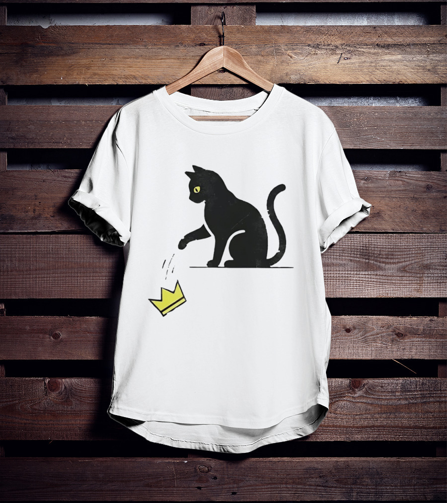 Cat Knocking Crown Anti King Humor Black Cat Yellow Eyes T-Shirt