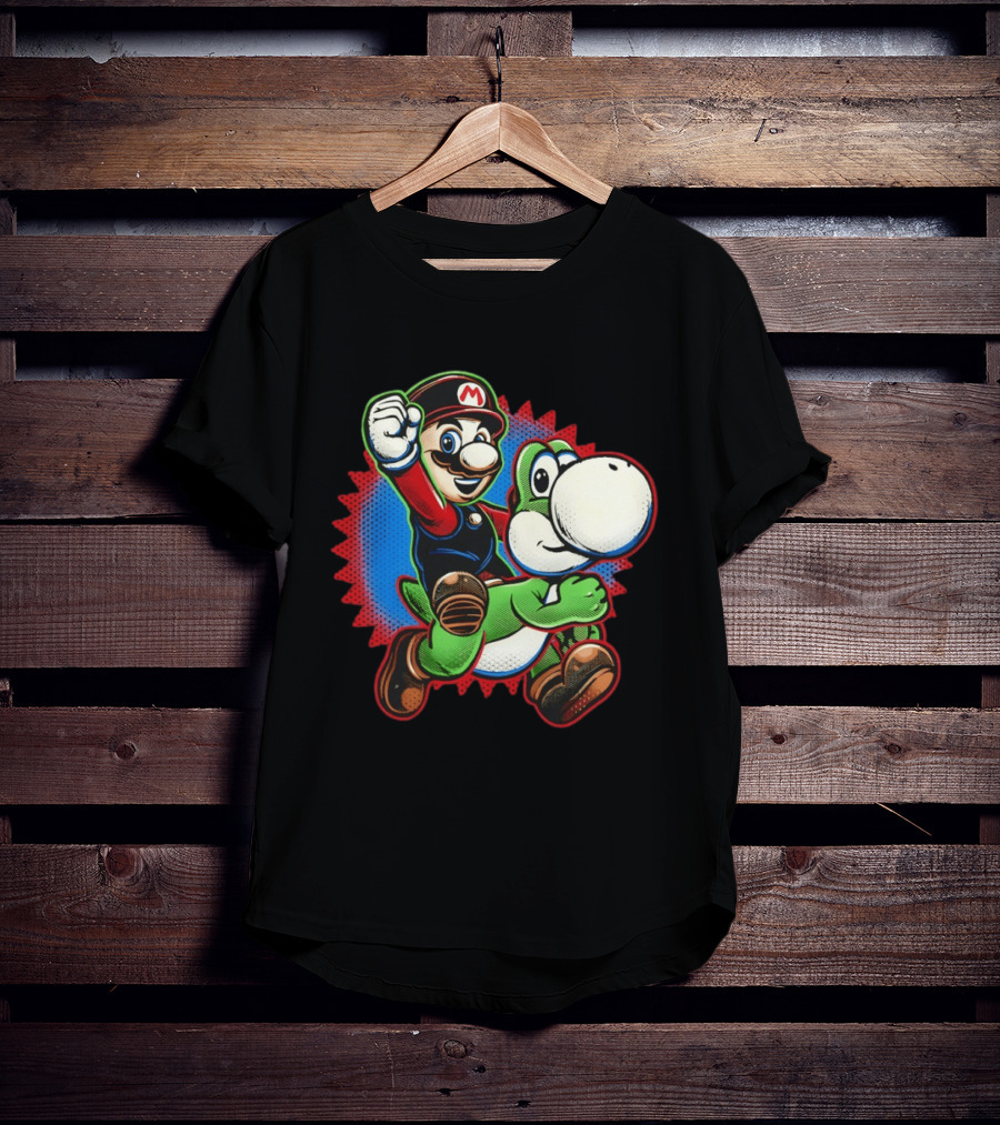 Mario And Yoshi Ride The Green Dino Classic Cartoon Adventure T-Shirt
