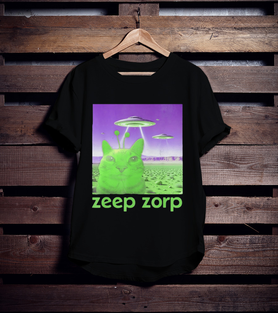 Zeep Zorp Green Cat Alien With UFOs In Space Desert Scenery T-Shirt