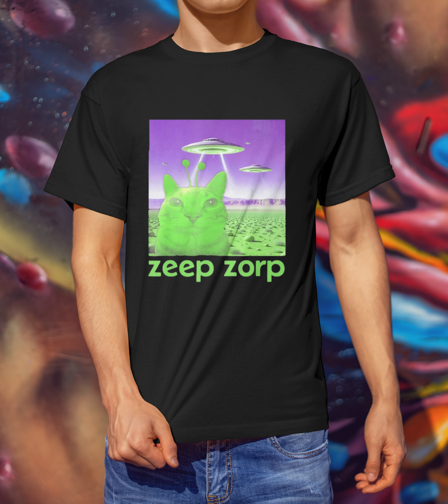 Zeep Zorp Green Cat Alien With UFOs In Space Desert Scenery T-Shirt