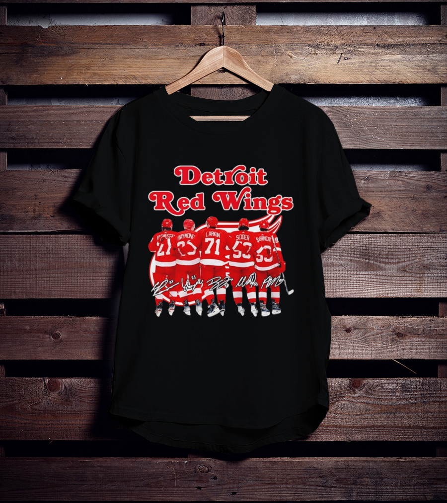 Detroit Red Wings Players Rasmussen Raymond Larkin Seider Branncat Celebrating Victory NHL 2026 Signatures T-Shirt