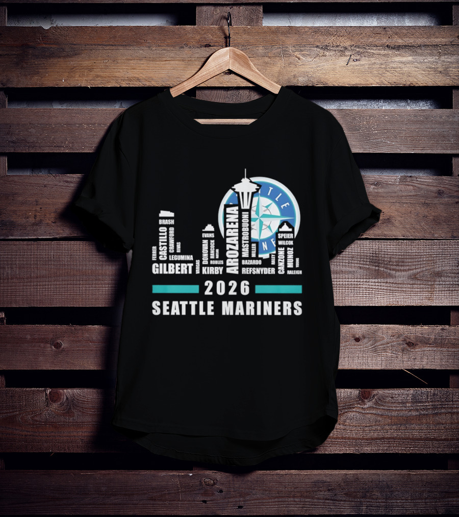 2026 Seattle Mariners City Connect Skyline With Player Names And Space Needle T-Shirt