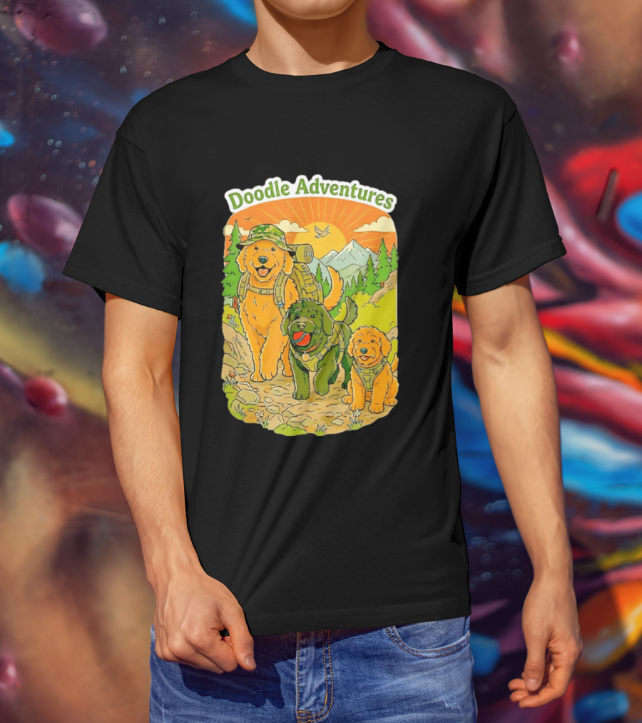Doodle Adventures Three Dogs Picnic Adventure Sunset T-Shirt