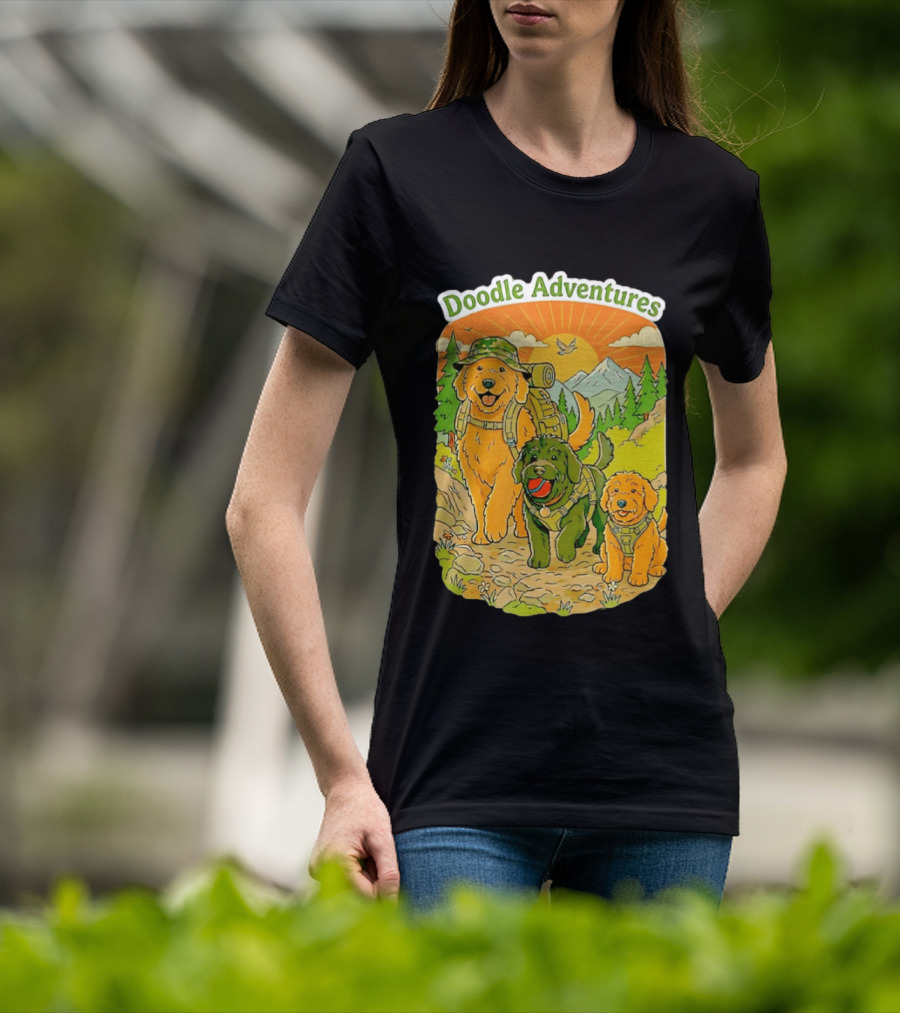 Doodle Adventures Three Dogs Picnic Adventure Sunset T-Shirt
