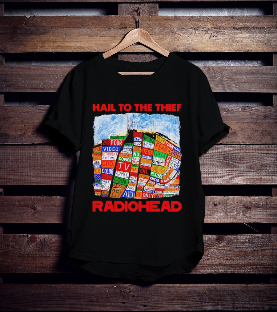 Radiohead Hail To The Thief Album Cover Colorful Text Collage 24HR TV 25 Aid T-Shirt