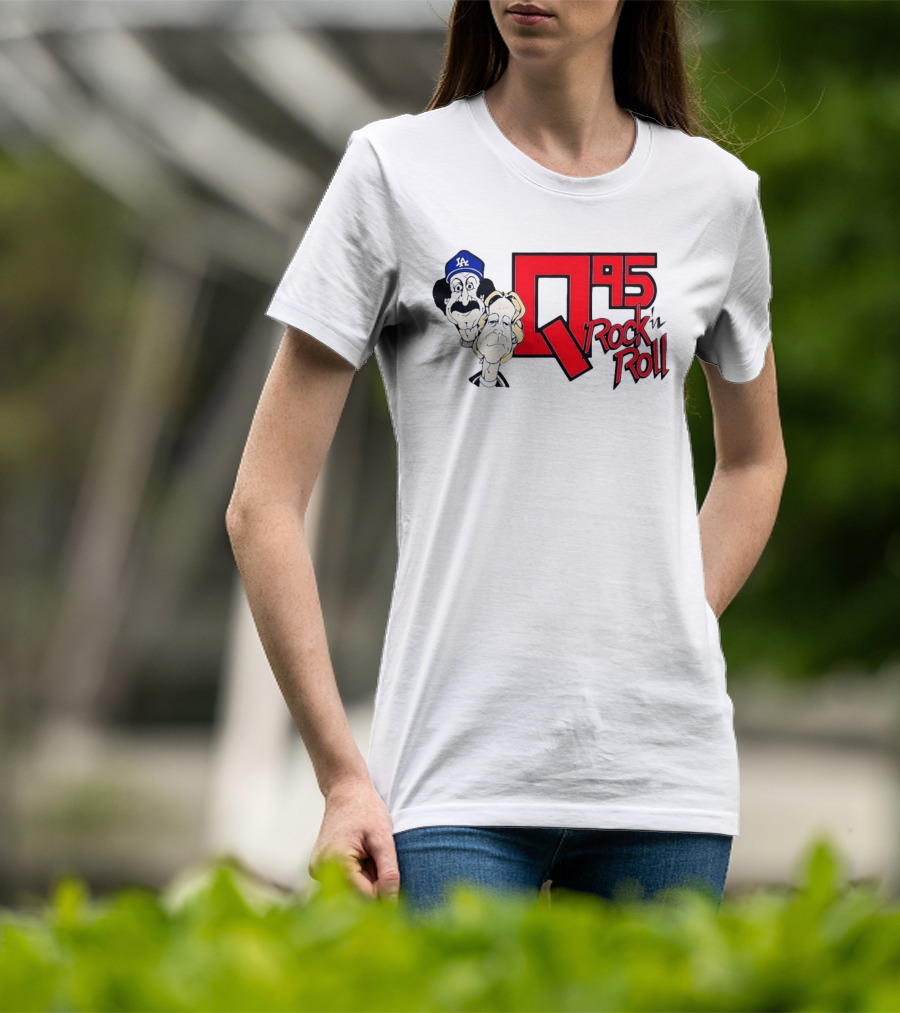 Q95 Rock 'n Roll Characters Wearing LA Dodgers Hat T-Shirt