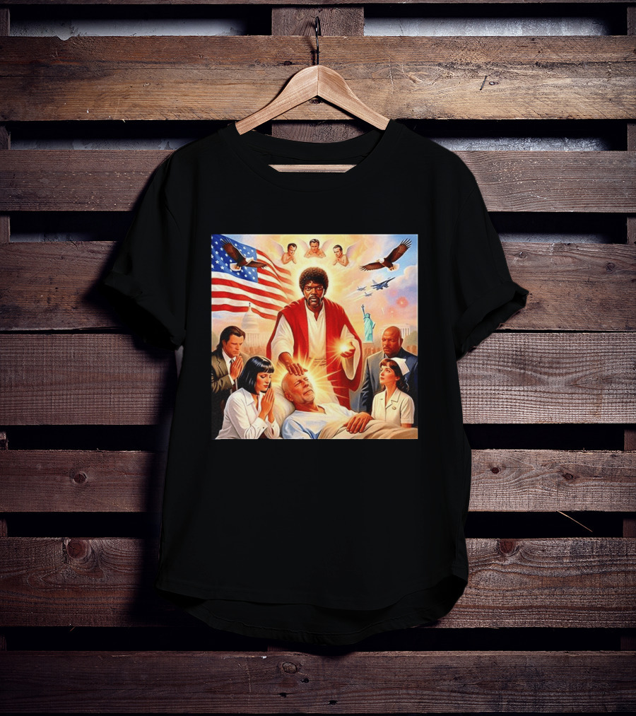 Samuel L. Jackson Exorcism Scene With Bruce Willis And US Patriotic Elements Meme T-Shirt