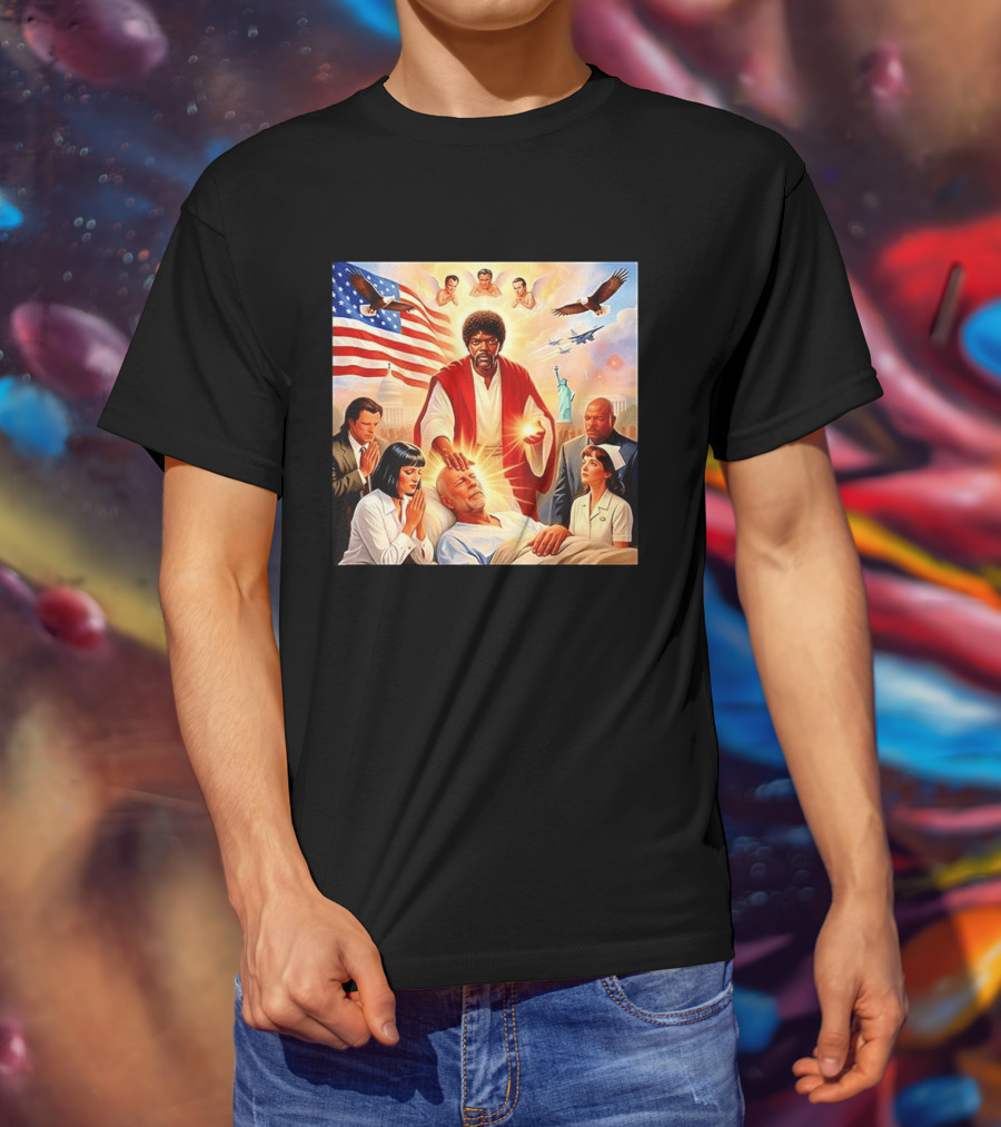 Samuel L. Jackson Exorcism Scene With Bruce Willis And US Patriotic Elements Meme T-Shirt