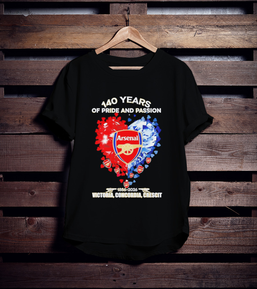 Arsenal 140 Years Of Pride And Passion Victoria Concordia Crescit 1886 2026 Heart Badge Crest T-Shirt