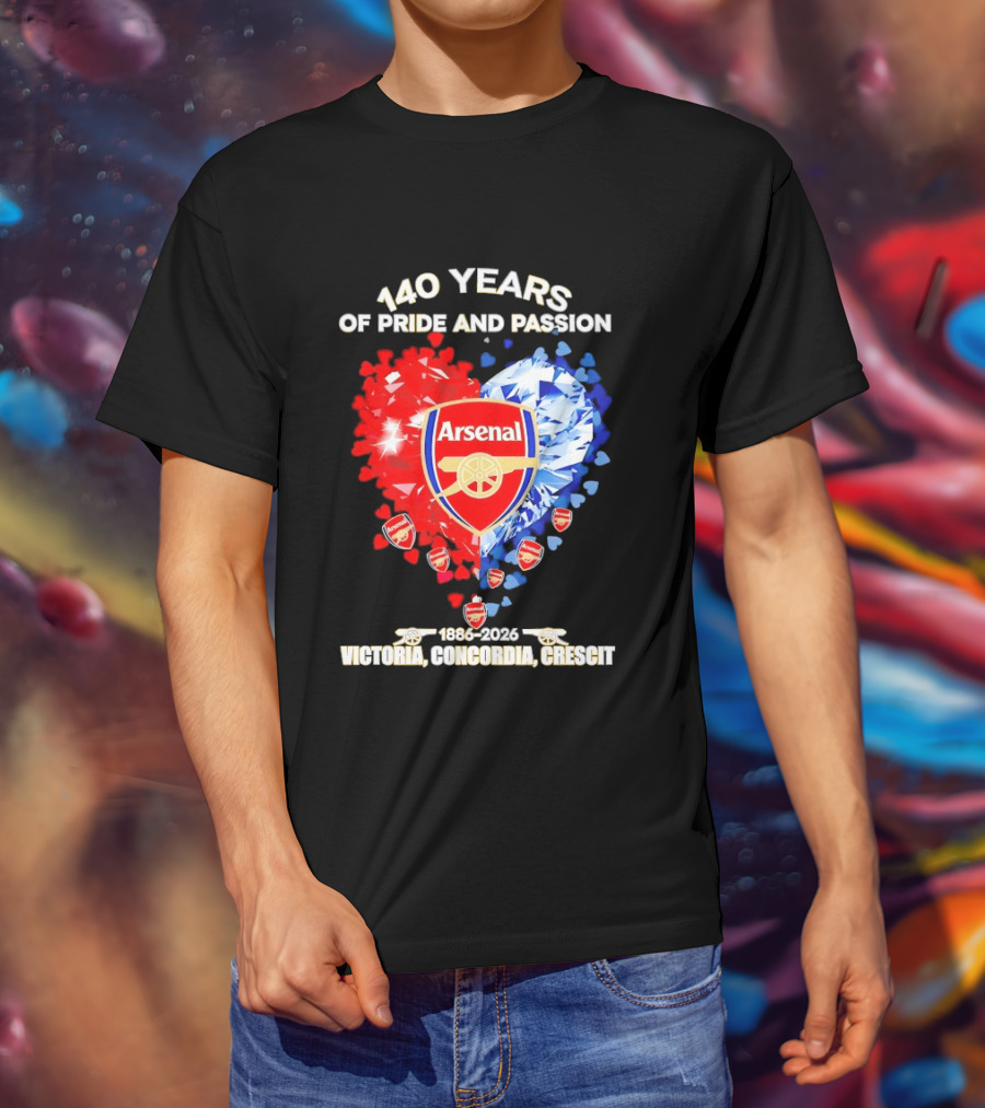 Arsenal 140 Years Of Pride And Passion Victoria Concordia Crescit 1886 2026 Heart Badge Crest T-Shirt