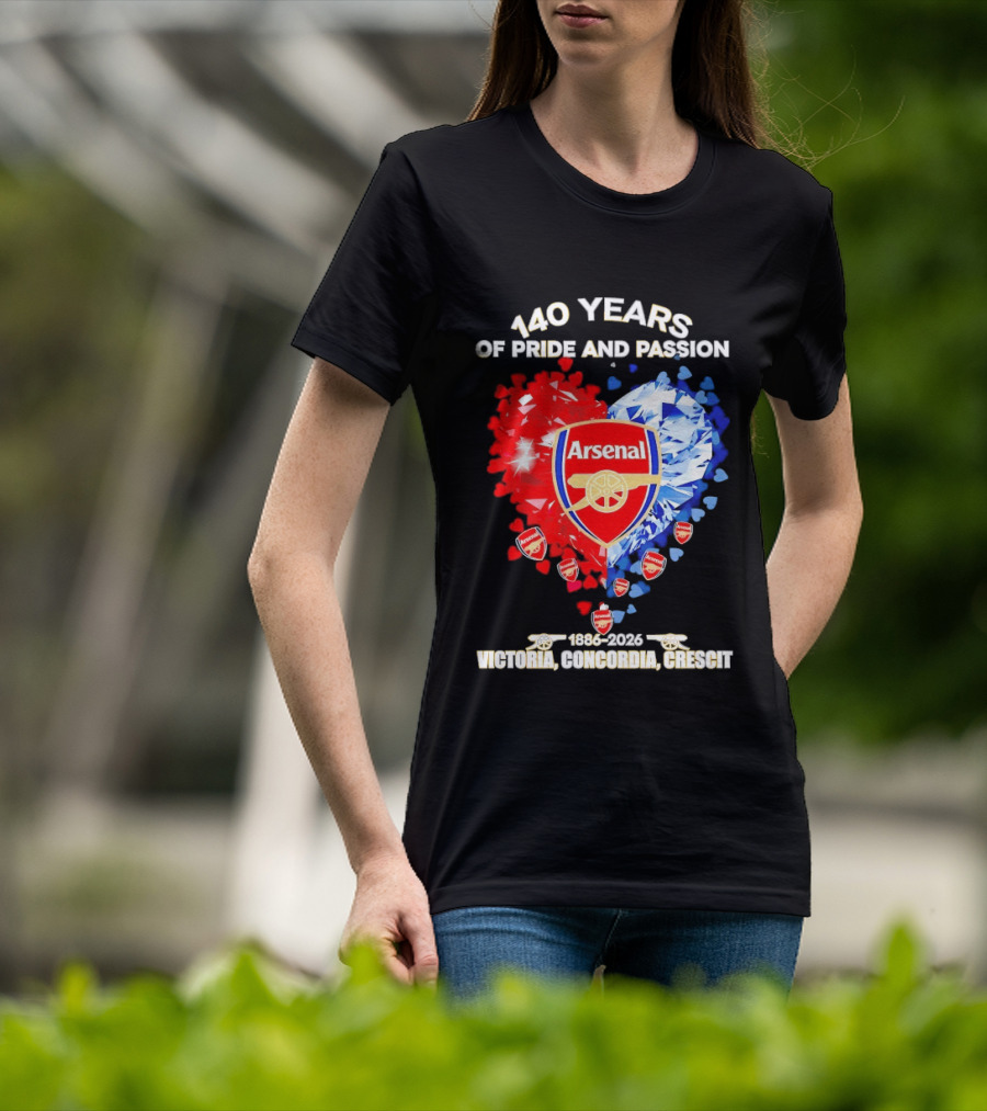 Arsenal 140 Years Of Pride And Passion Victoria Concordia Crescit 1886 2026 Heart Badge Crest T-Shirt