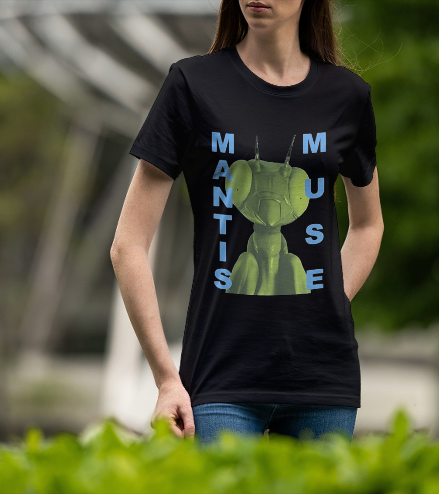 David Shrigley Mantis Muse Green Illustration With Blue T-Shirt
