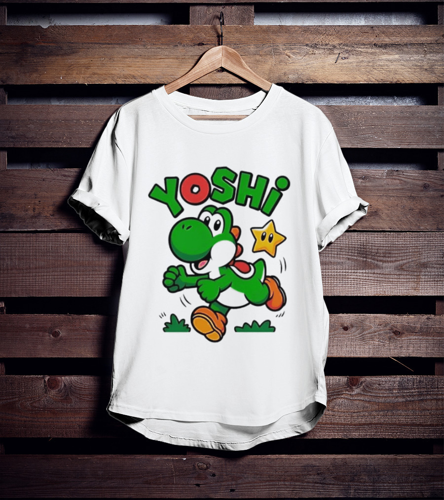 Yoshi Super Mario Green Dinosaur Running With Star T-Shirt