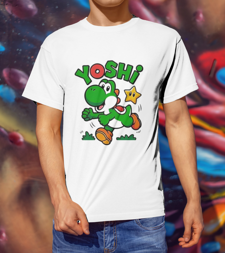Yoshi Super Mario Green Dinosaur Running With Star T-Shirt