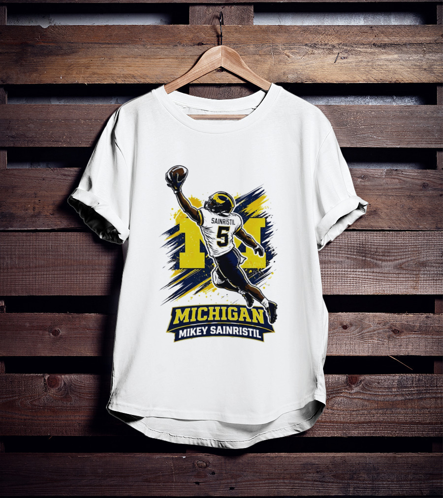 Michigan Mikey Sainristil Catching Football Wolverines Player T-Shirt