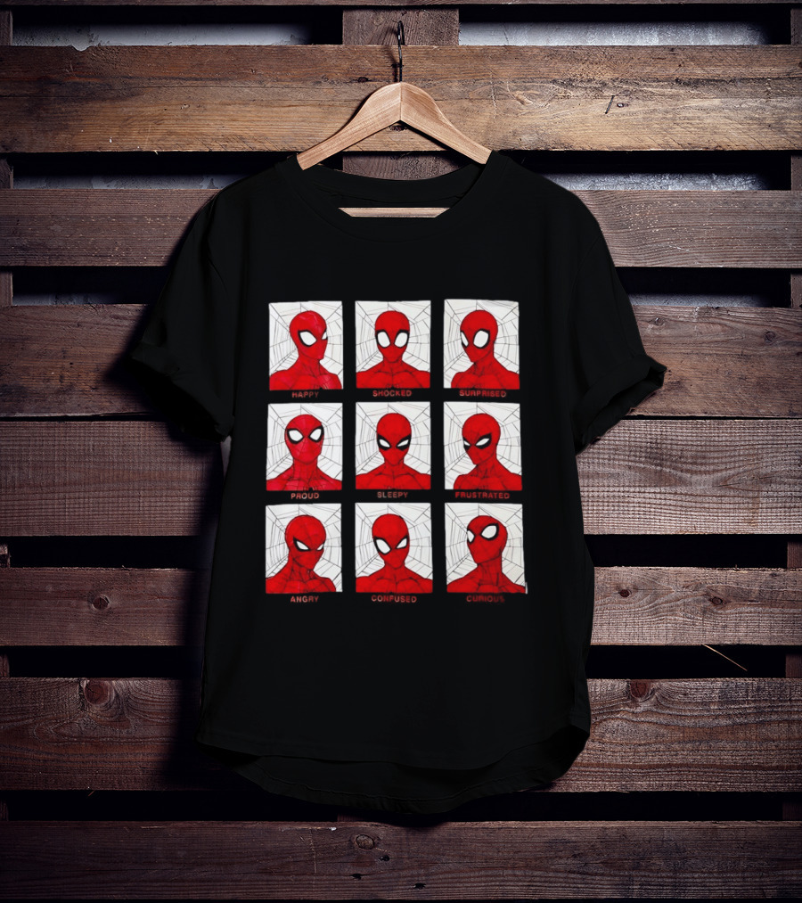 Spider Man Emotional States Happy Shocked Surprised Proud Sleepy Frustrated Angry Confused Curious T-Shirt