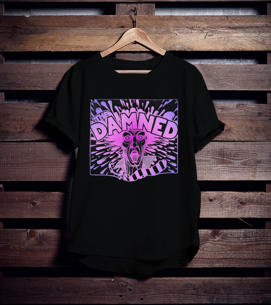THE DAMNED Horror Face Neon Splatter Purple Black T-Shirt