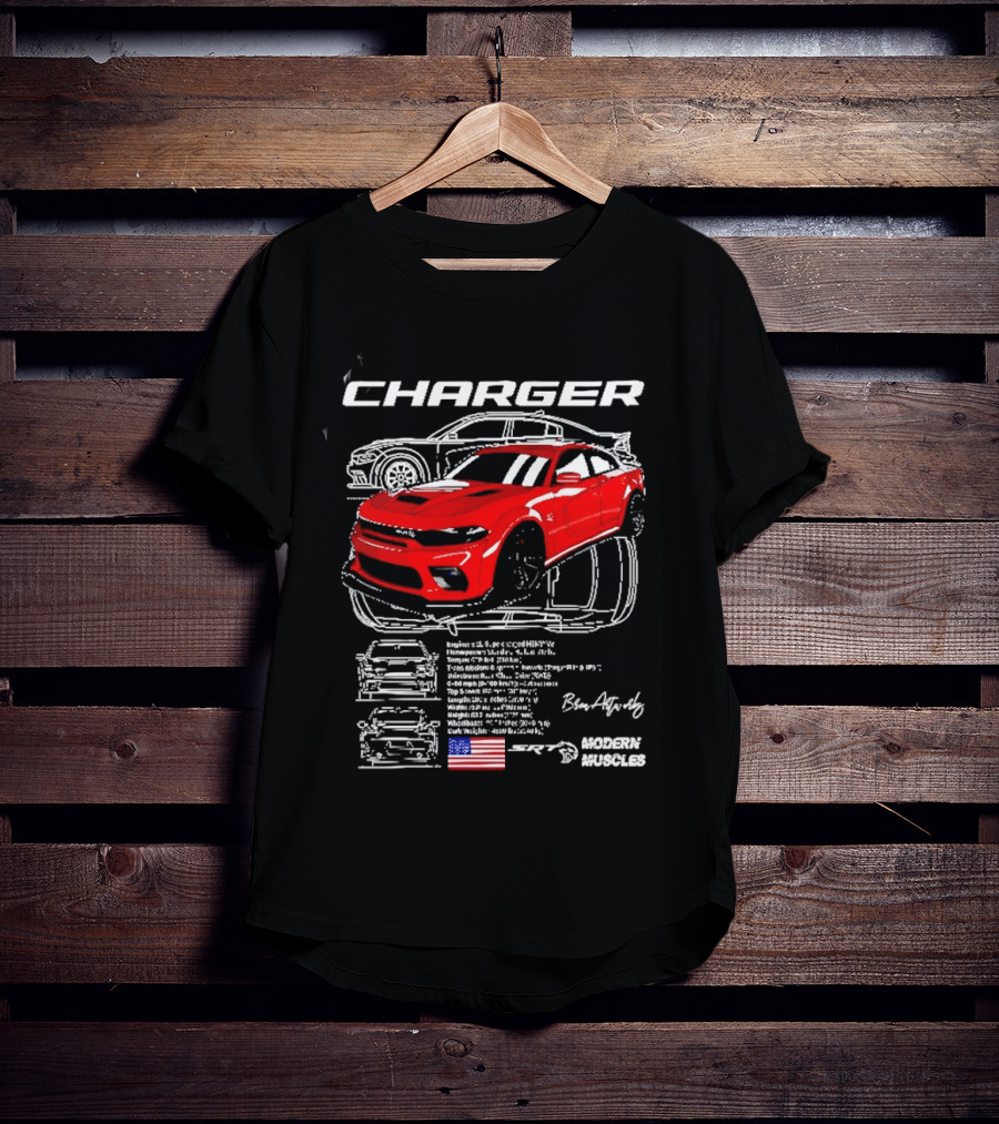 Dodge Charger Hellcat Red Modern Muscles Blueprint USA Flag T-Shirt