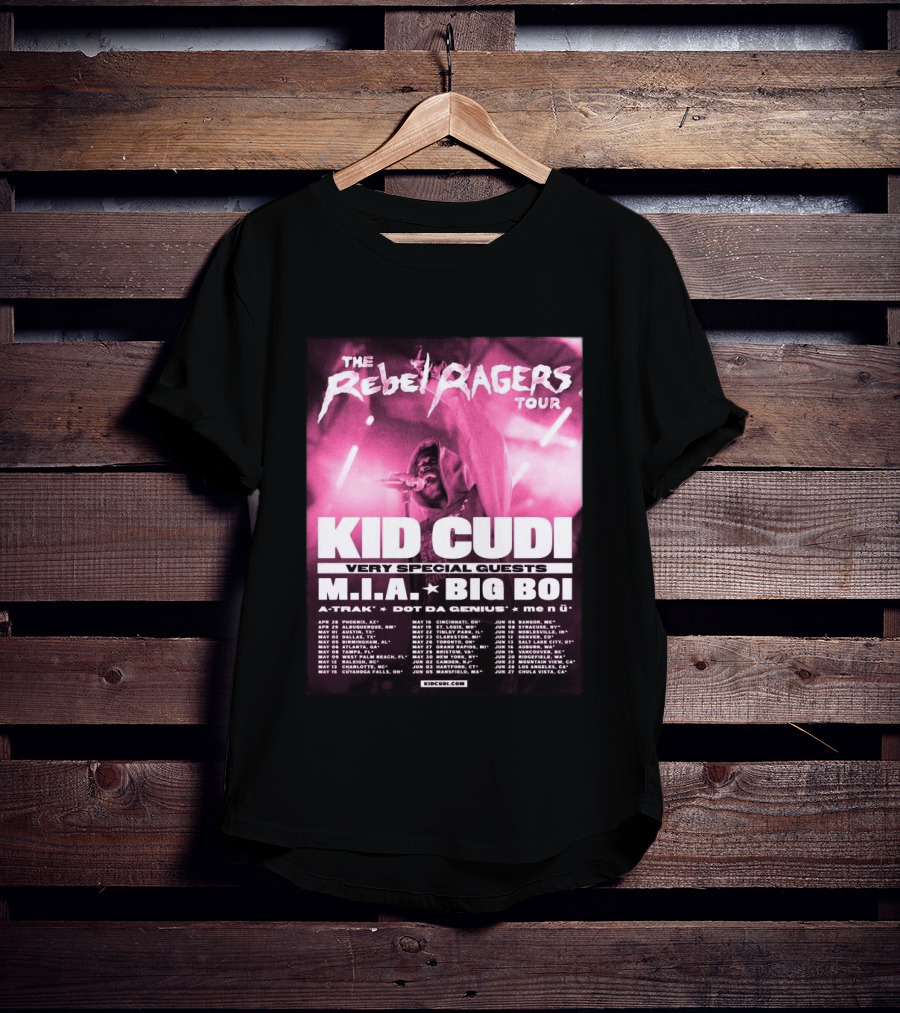 The Rebel Ragers Tour Kid Cudi 2026 Featuring M.I.A. Big Boi A Trak Dot Da Genius Tour Dates T-Shirt