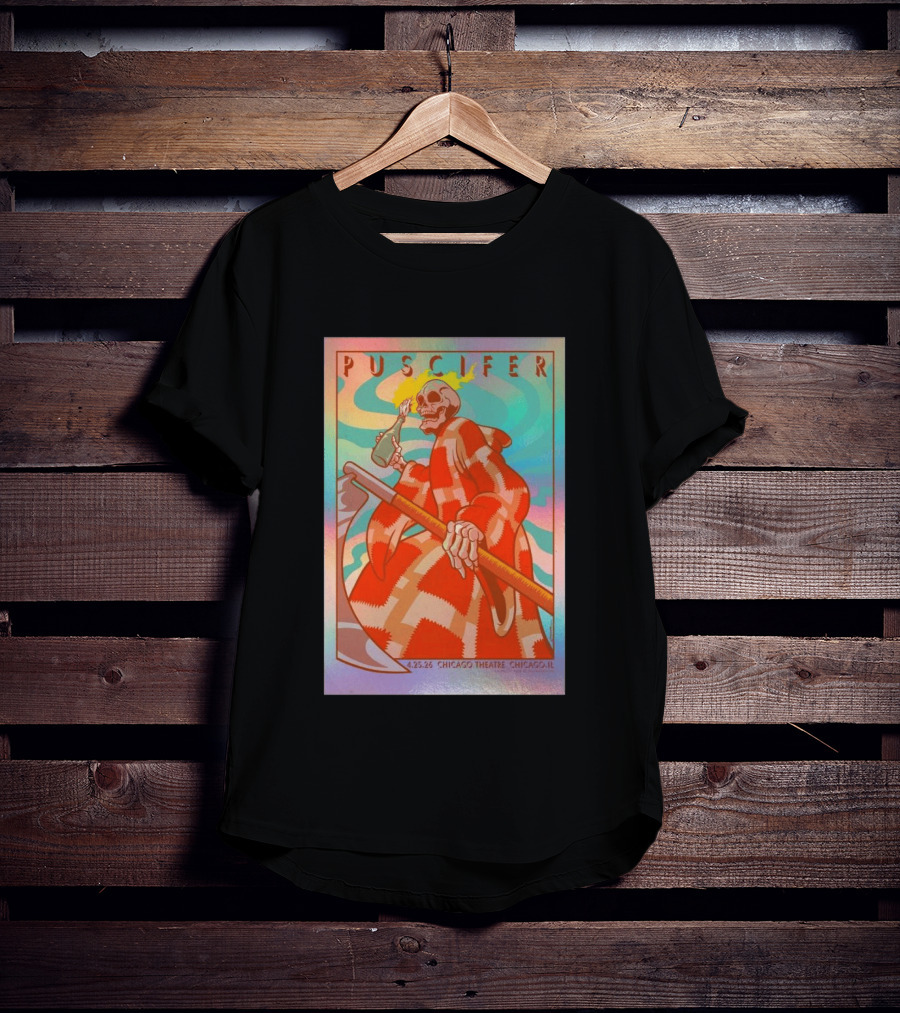 Puscifer 4.25.26 Chicago Theatre IL Skeleton Robe Checkerboard Psychedelic T-Shirt