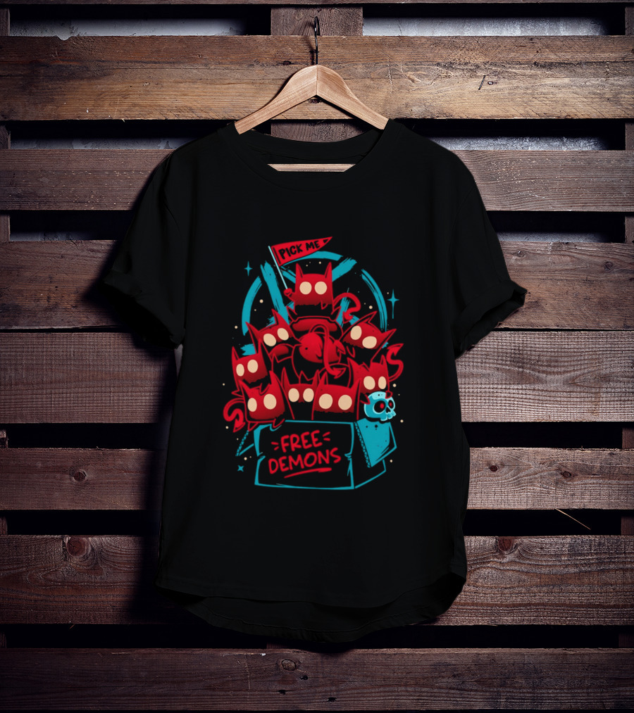 Free Demons Box Pick Me Red Monsters Cute Cartoon T-Shirt