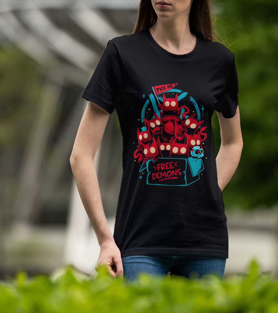 Free Demons Box Pick Me Red Monsters Cute Cartoon T-Shirt