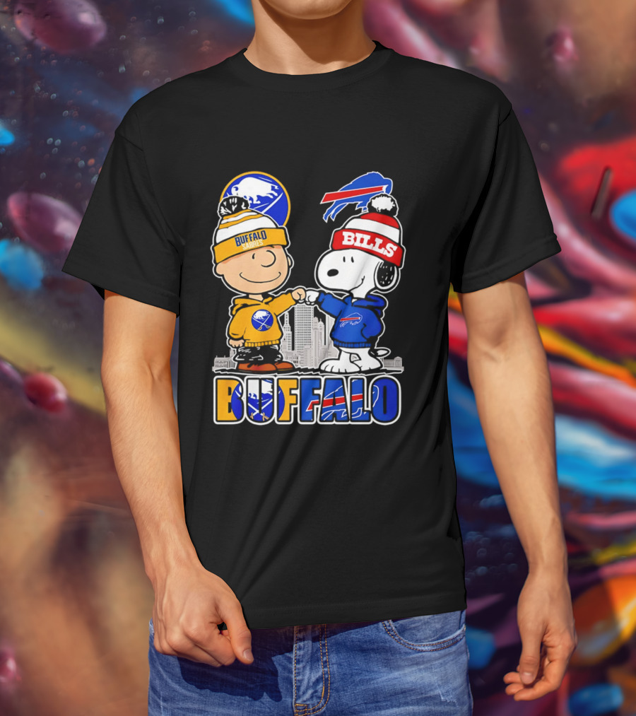 Buffalo Sabres Bills Snoopy City Skyline Collaboration With Charlie Brown T-Shirt