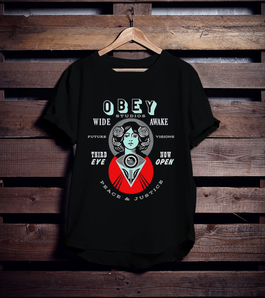 Obey Studios Wide Awake Future Visions Third Eye Now Open Peace And Justice T-Shirt