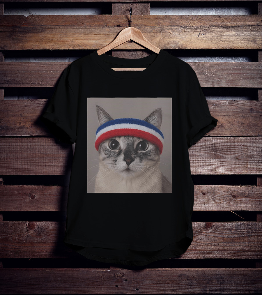 Cat Wearing Red White Blue Terry Headband T-Shirt