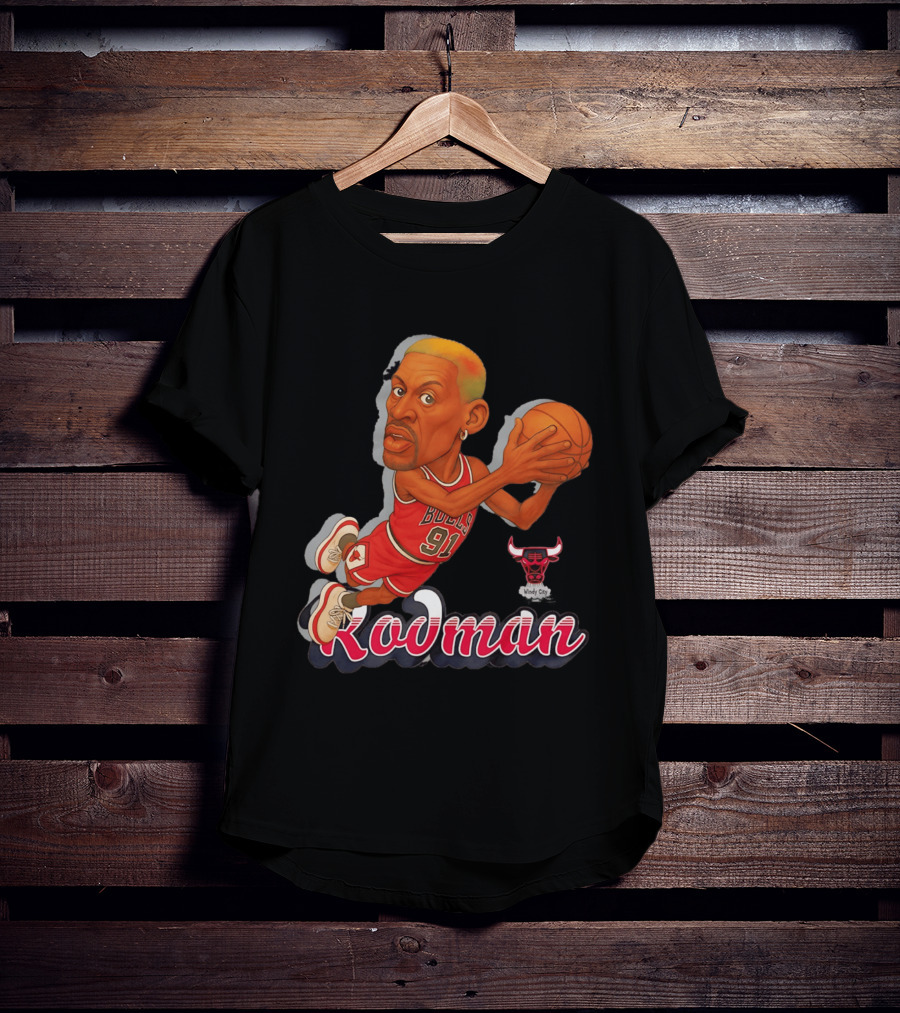 Dennis Rodman Chicago Bulls 91 Fickett Classics Windy City Cartoon T-Shirt