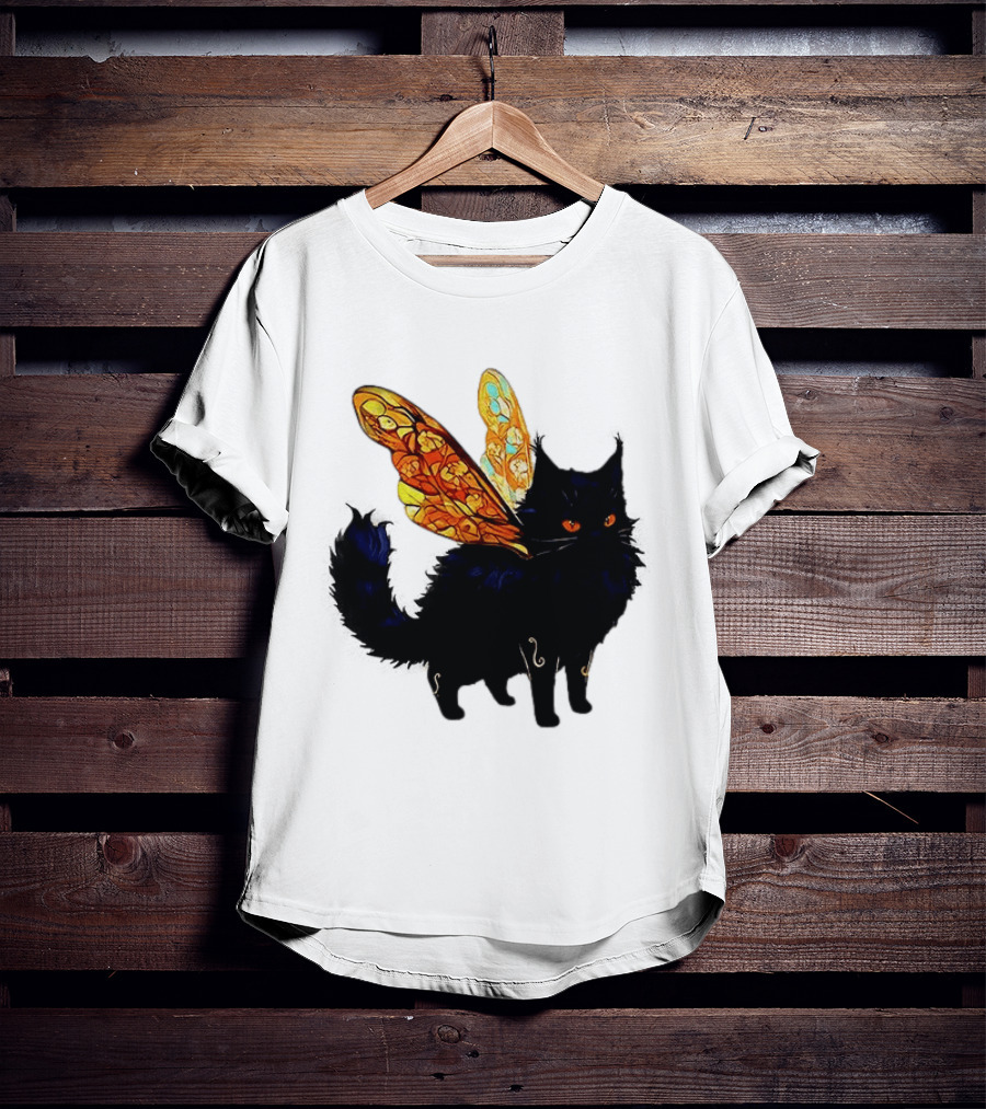 Black Cat With Colorful Fairy Wings Fantastical T-Shirt