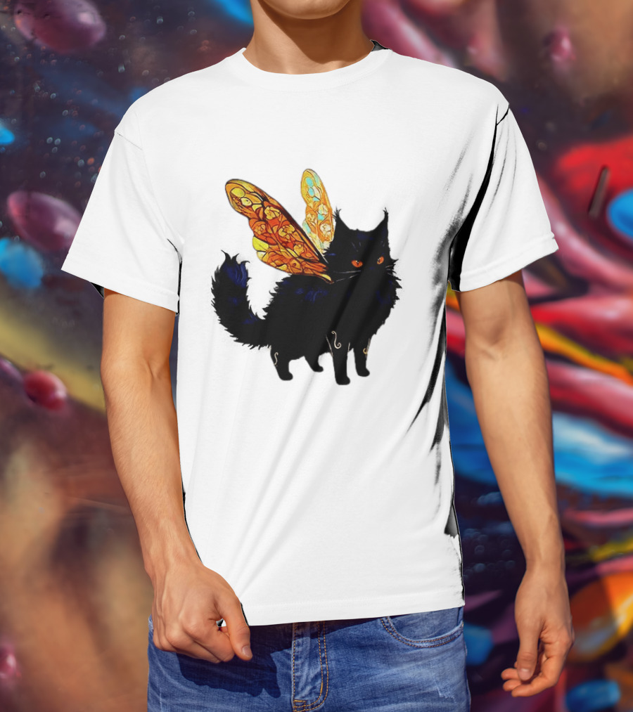 Black Cat With Colorful Fairy Wings Fantastical T-Shirt