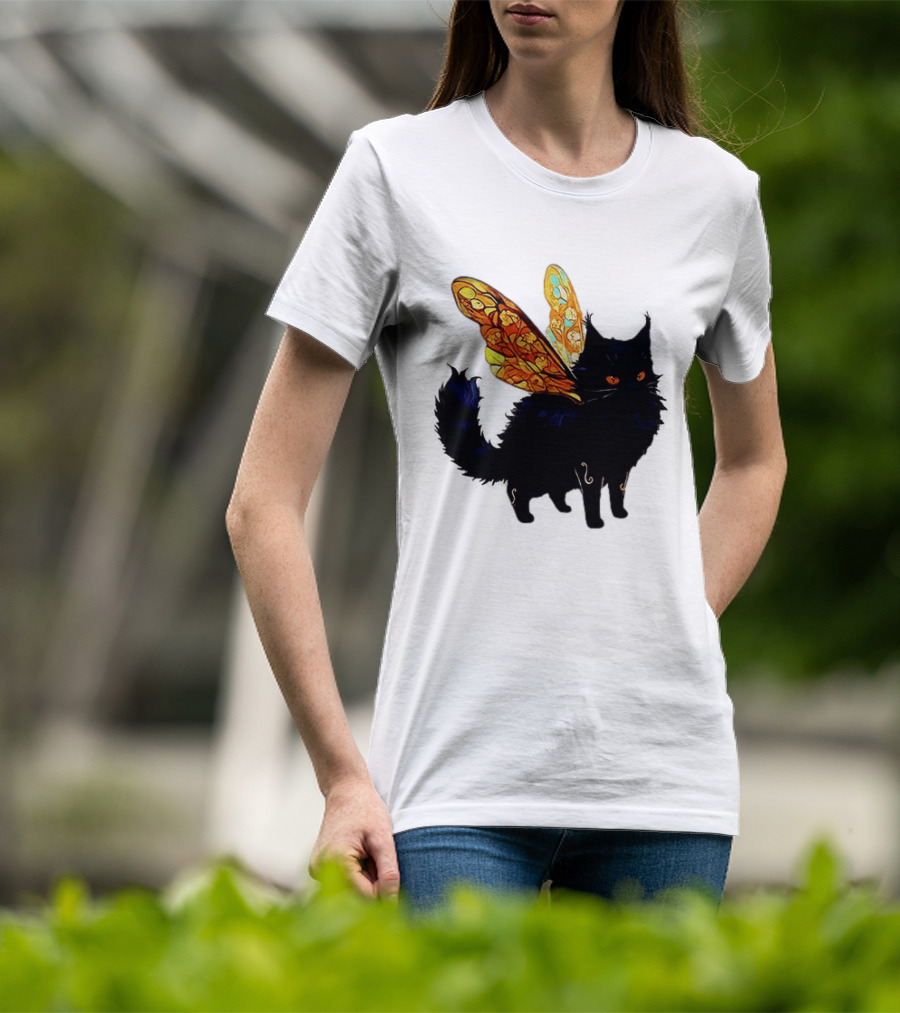 Black Cat With Colorful Fairy Wings Fantastical T-Shirt