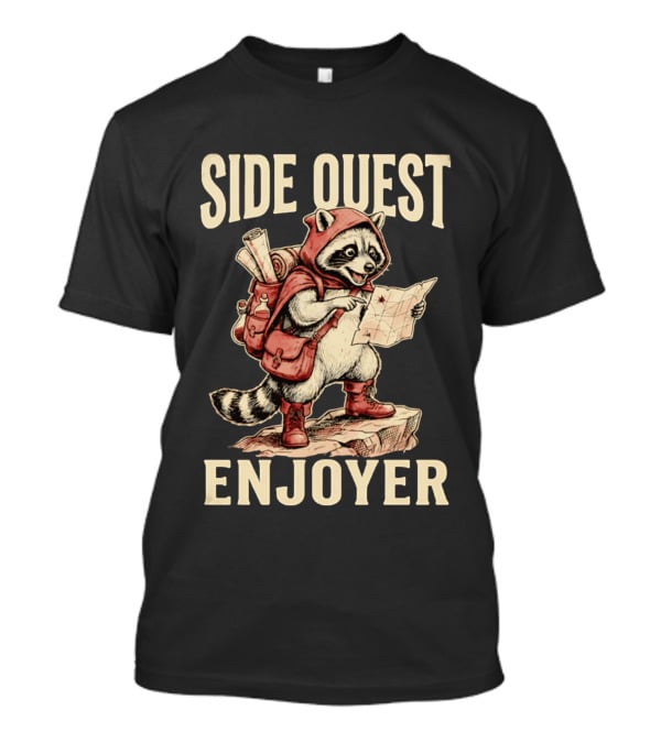Side Quest Enjoyer Adventurer Raccoon With Map And Backpack T-Shirt