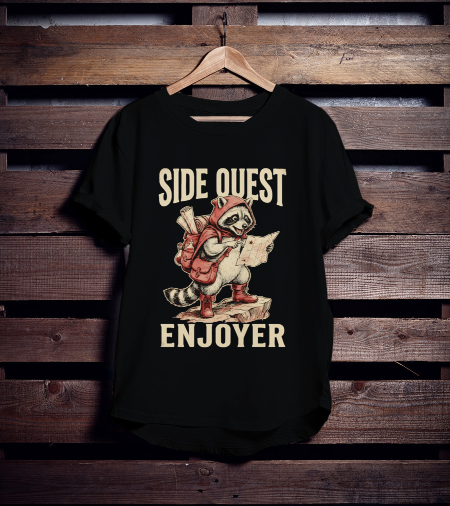 Side Quest Enjoyer Adventurer Raccoon With Map And Backpack T-Shirt