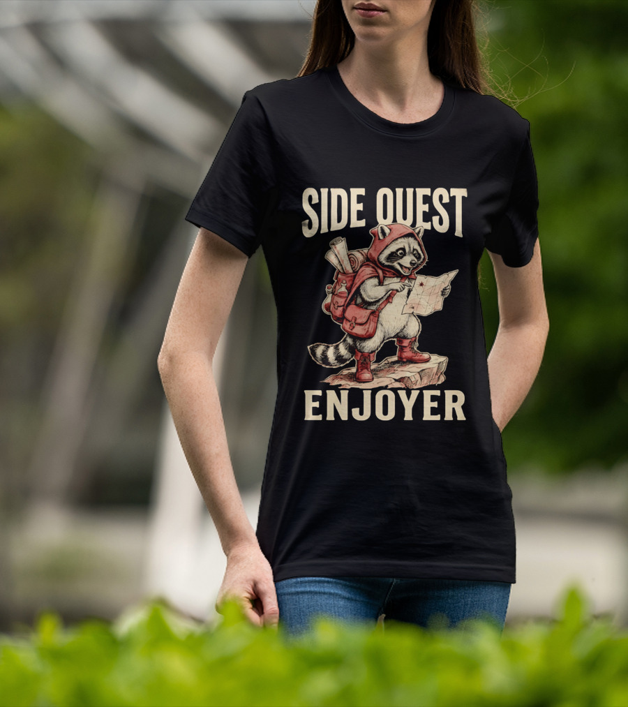 Side Quest Enjoyer Adventurer Raccoon With Map And Backpack T-Shirt
