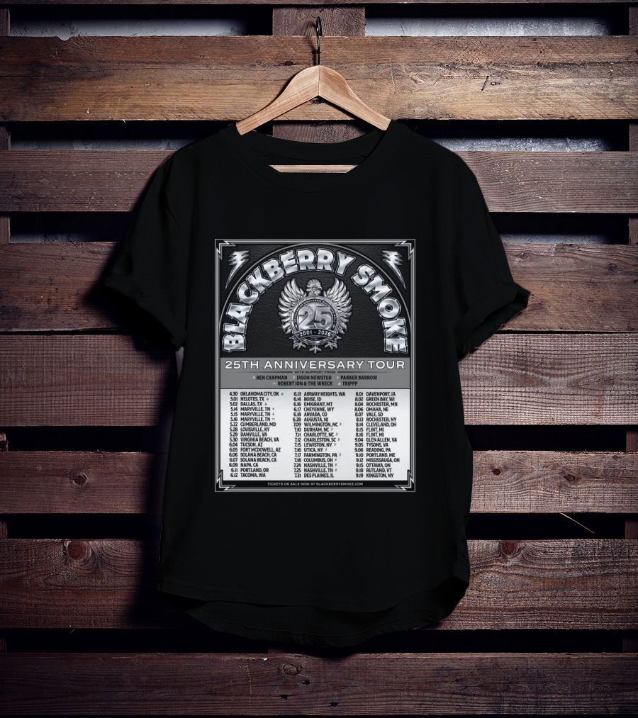 Blackberry Smoke 25th Anniversary Tour 2024 With Ben Chapman And Jason Newsted Featuring Parker Barrow And Robert Jon & The Wreck T-Shirt