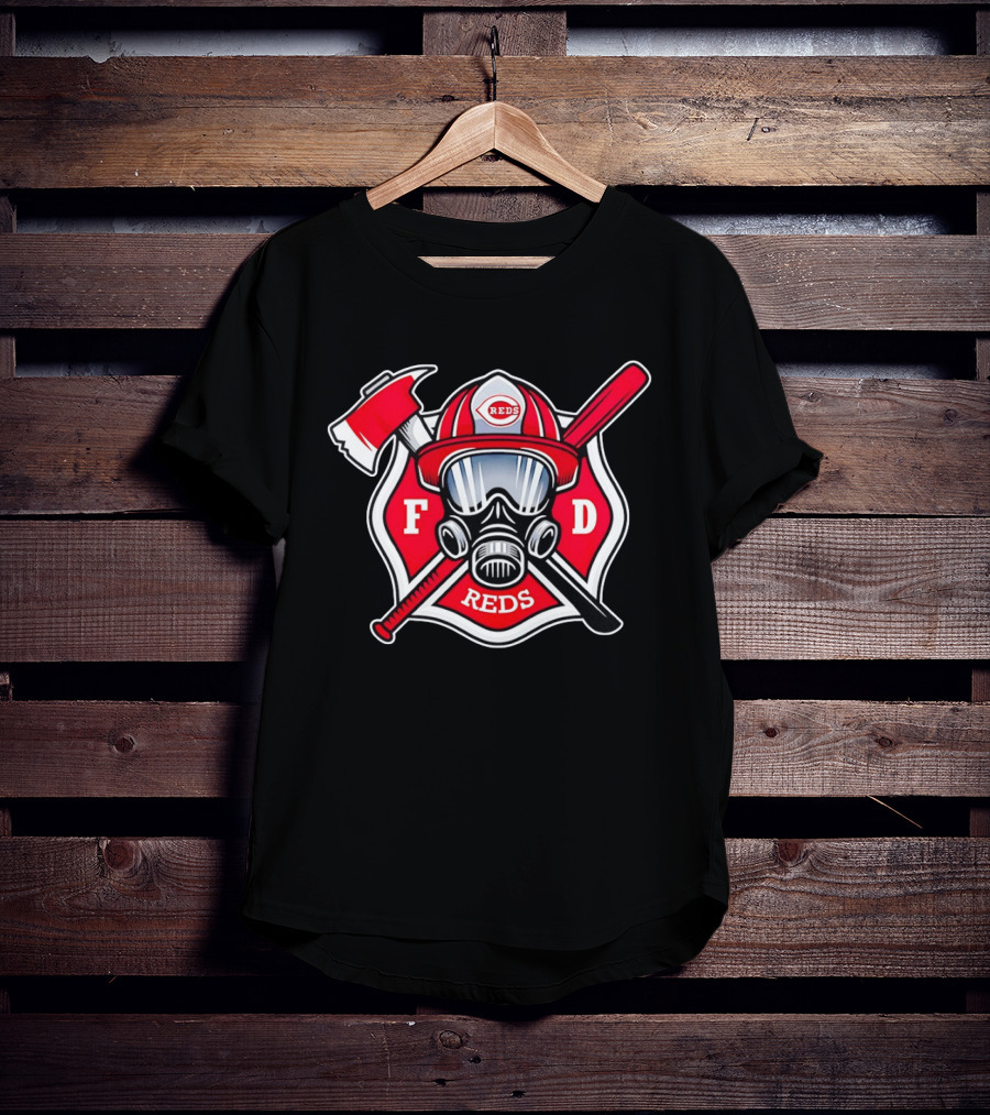 Cincinnati Reds FD Firefighter Helmet With Axe And Baseball Bat T-Shirt