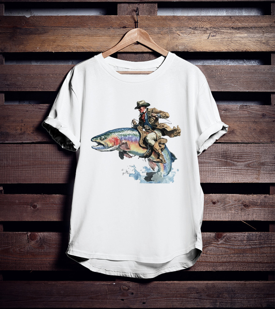 Cowboy Riding Rainbow Trout Adventure Scene T-Shirt