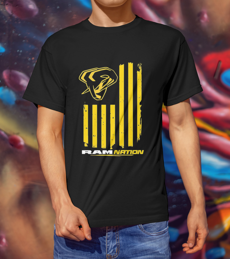 Ram Nation USA Flag Yellow Ram Head Stripes T-Shirt