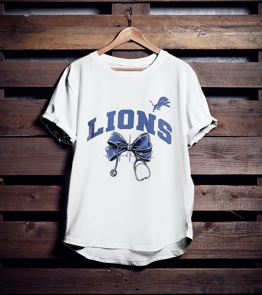 Detroit Lions Nurse By Heart By Soul With Stethoscope And Bow T-Shirt