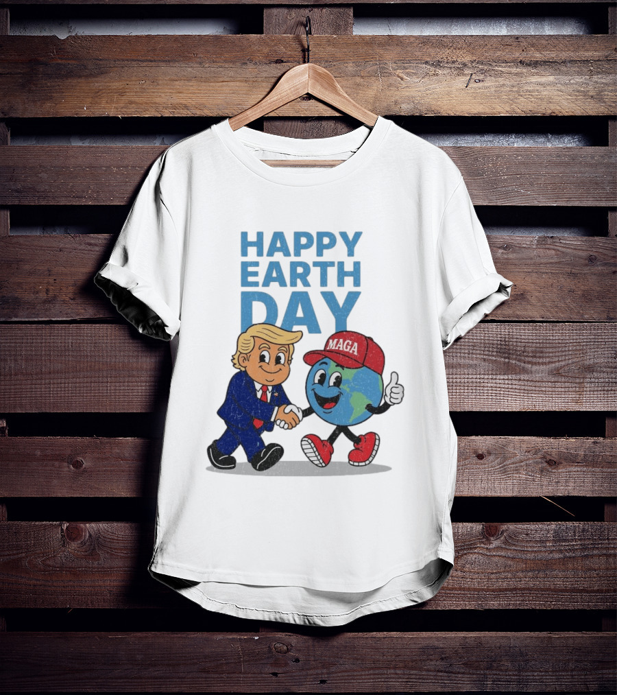 Happy Earth Day Trump MAGA Earth Cartoon Shaking Hands T-Shirt