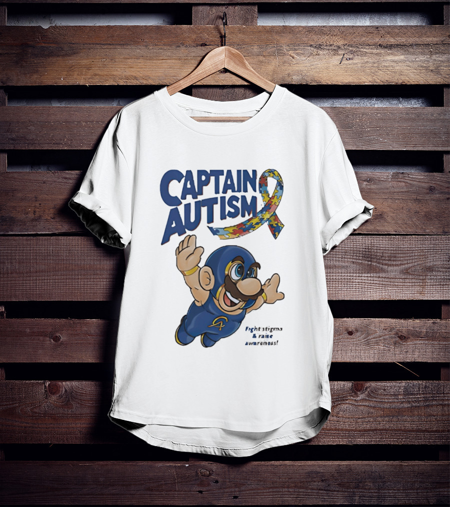 Captain Autism Super Mario Puzzle Ribbon Flying Awareness T-Shirt