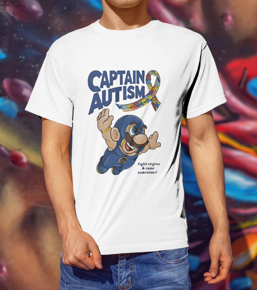 Captain Autism Super Mario Puzzle Ribbon Flying Awareness T-Shirt