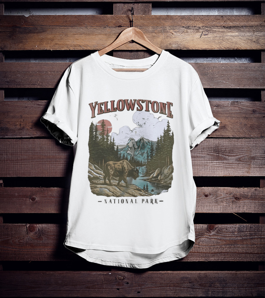 Yellowstone National Park Wild Buffalo By Stream Scenic Landscape T-Shirt