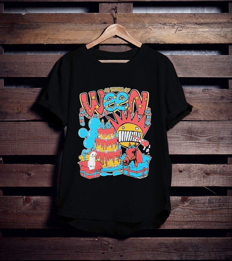 40 Years Of Ween Celebration Cake Balloons Dog Horse Black Sun Mask T-Shirt
