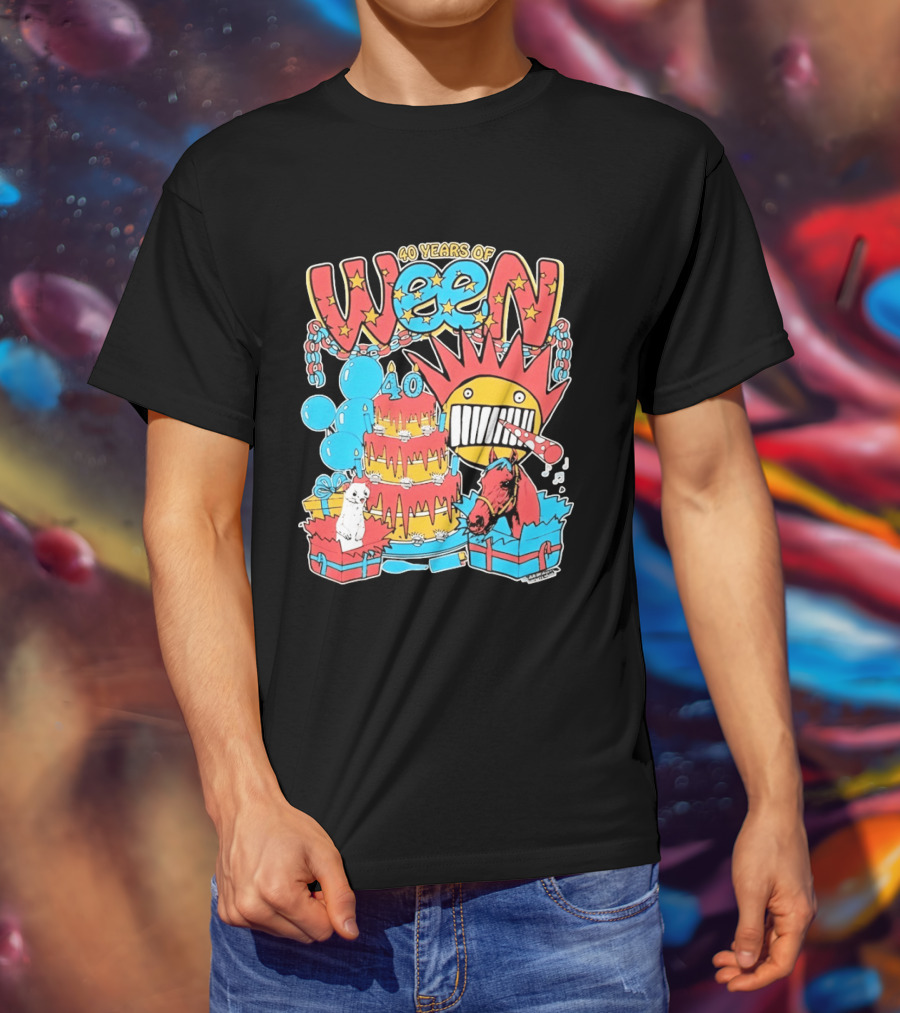 40 Years Of Ween Celebration Cake Balloons Dog Horse Black Sun Mask T-Shirt